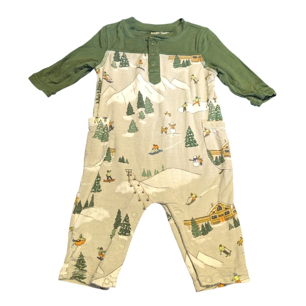 Angel Dear Baby Winter Skiers Bamboo Romper Green Long Sleeve 0-3M One Piece